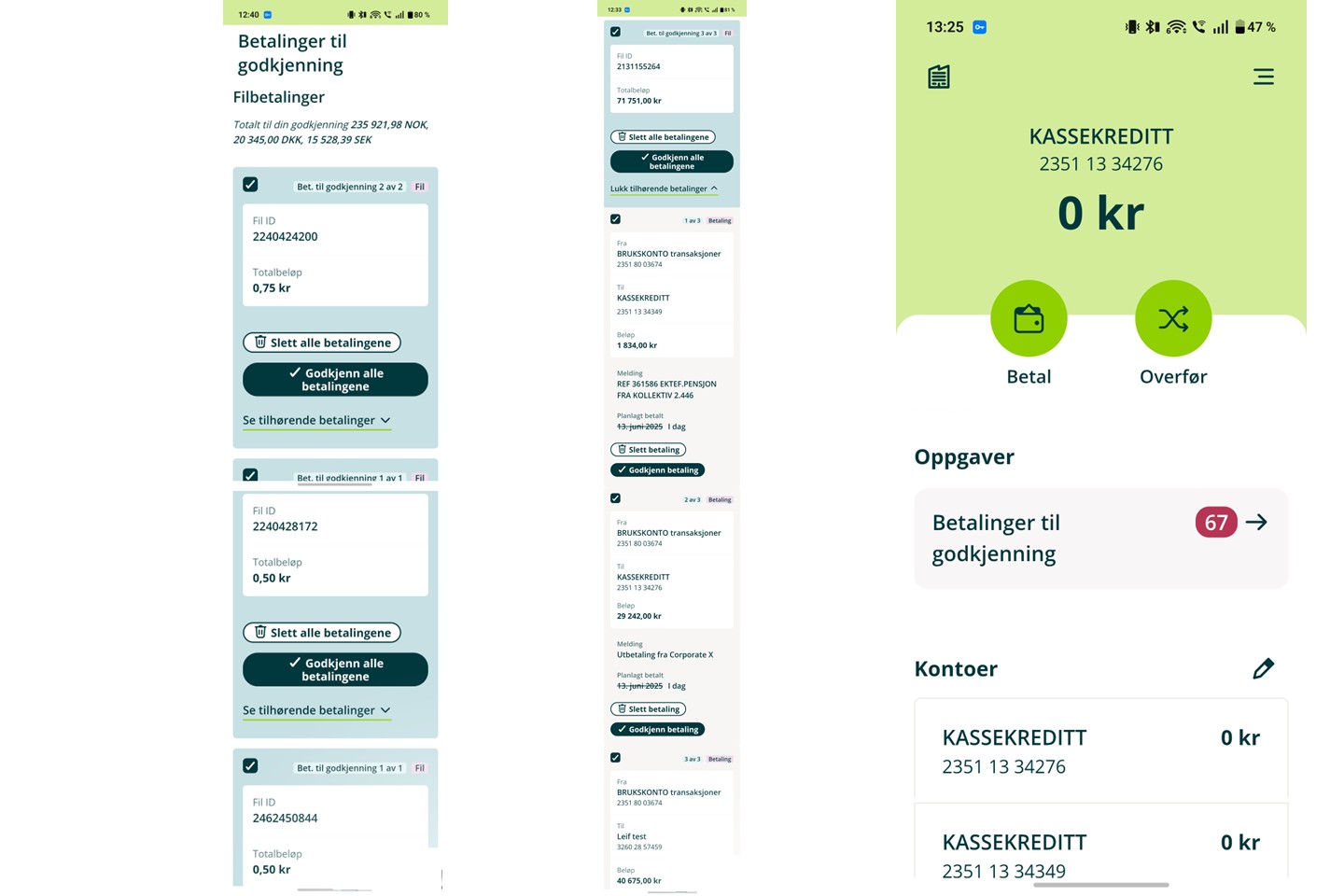 Skjermdumper fra hvordan betalinger til godkjenning ser ut i mobilbanken