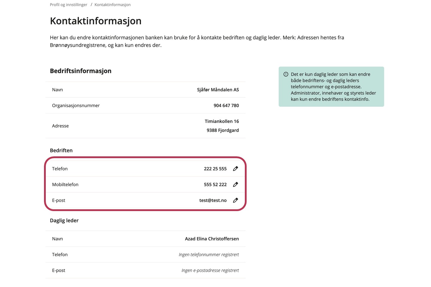Skjermdump av hvor man oppdaterer kontaktinformasjonen i nettbanken