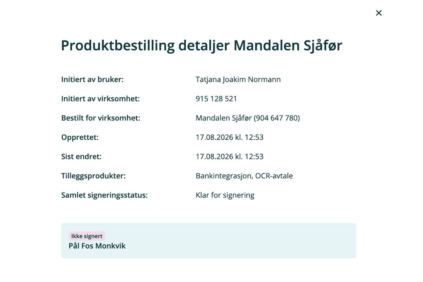 Skjermbilde av hvordan detaljene til en produktbestilling kan se ut