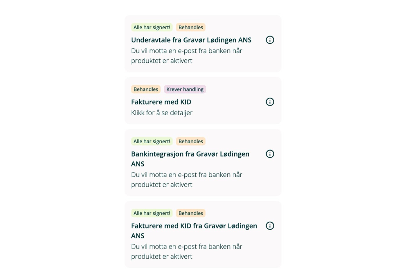 Skjermdump av hvordan statusen på bestillinger ser ut i mobilbanken