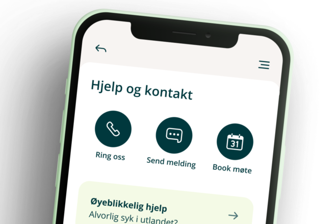En mobil med mobilbanken åpen viser siden for hjelp og kontakt